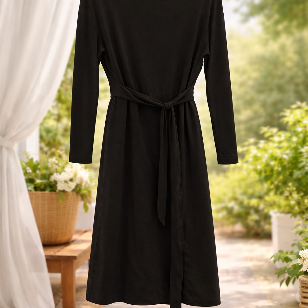 Classic Black Long-Sleeve Tie-Waist Dress